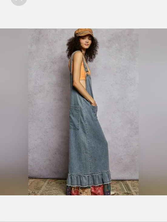 387 POL Denim Ruffled Hem Overalls with Patchwork Trim - Picture 3 of 12